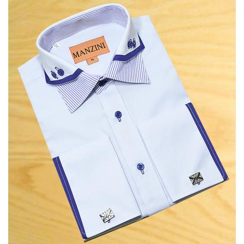 Manzini Sky Blue Embroidered With White/ Royal Blue/ Sky Blue Triple Layered High Collar 100% Cotton Dress Shirt With Free Cufflinks V4